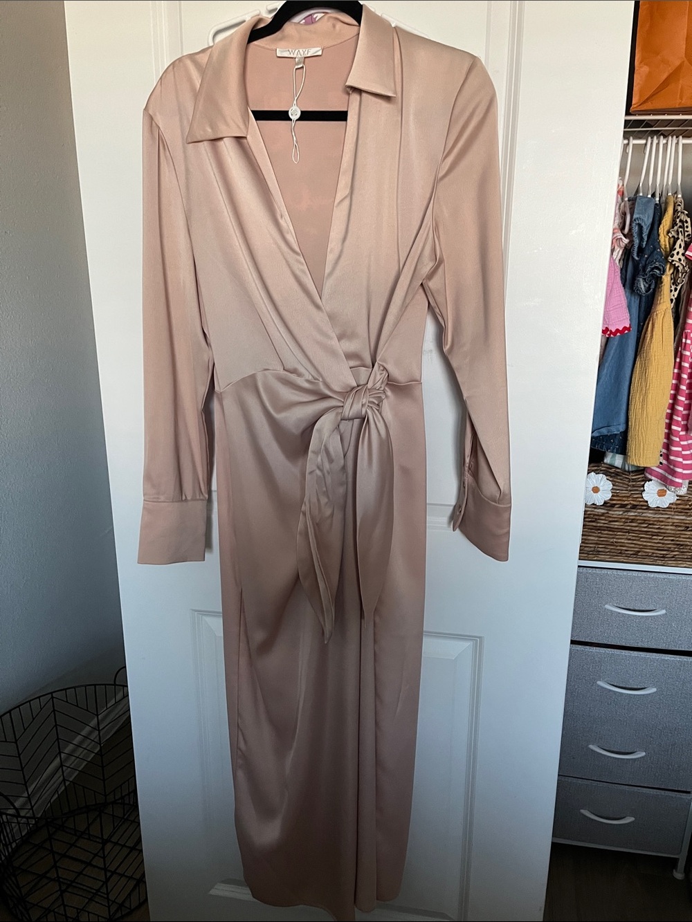 Wayf Blush Satin Wrap Dress